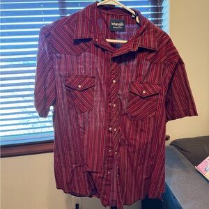 Wrangler Men's Burgundy and Black Striped Button Down Shirt